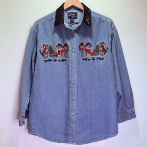 Vintage 90s Let’s Quiz Again Denim Christmas Cowboy Cats Shirt Western  L